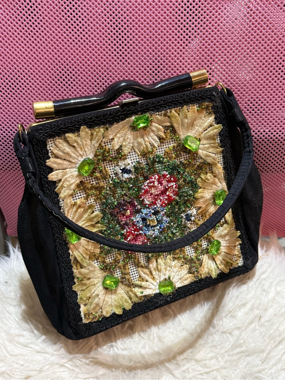 Vintage Embellished Black Floral Beaded Top-Handle Bag|Green big Rhinestones